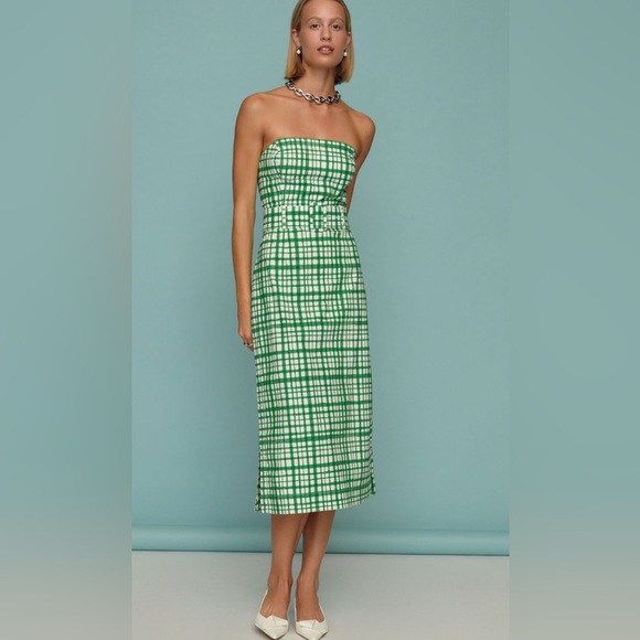 Maeve x Anthropologie strapless belted midi dress in green plaid - Picture 1 of 7